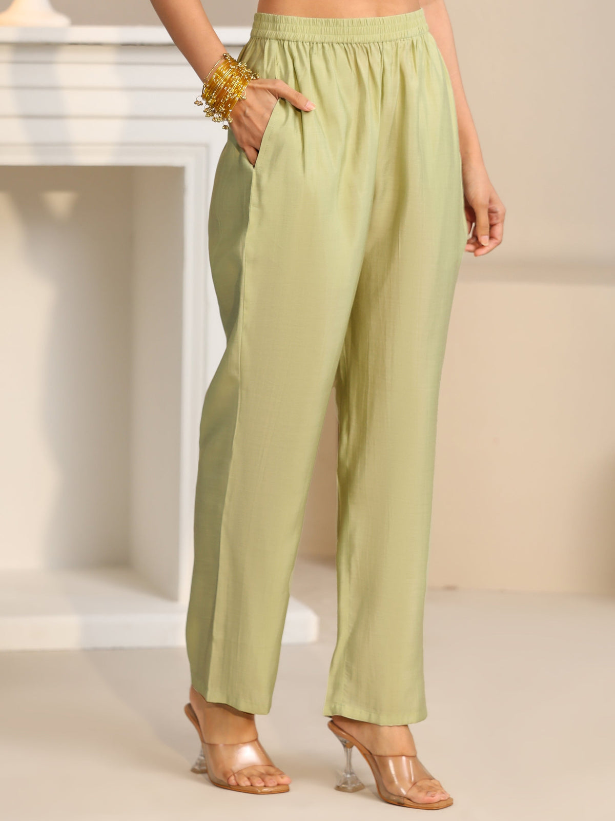 Anouk Pista Green Floral Embroidered Silk Blend Straight Suit Set