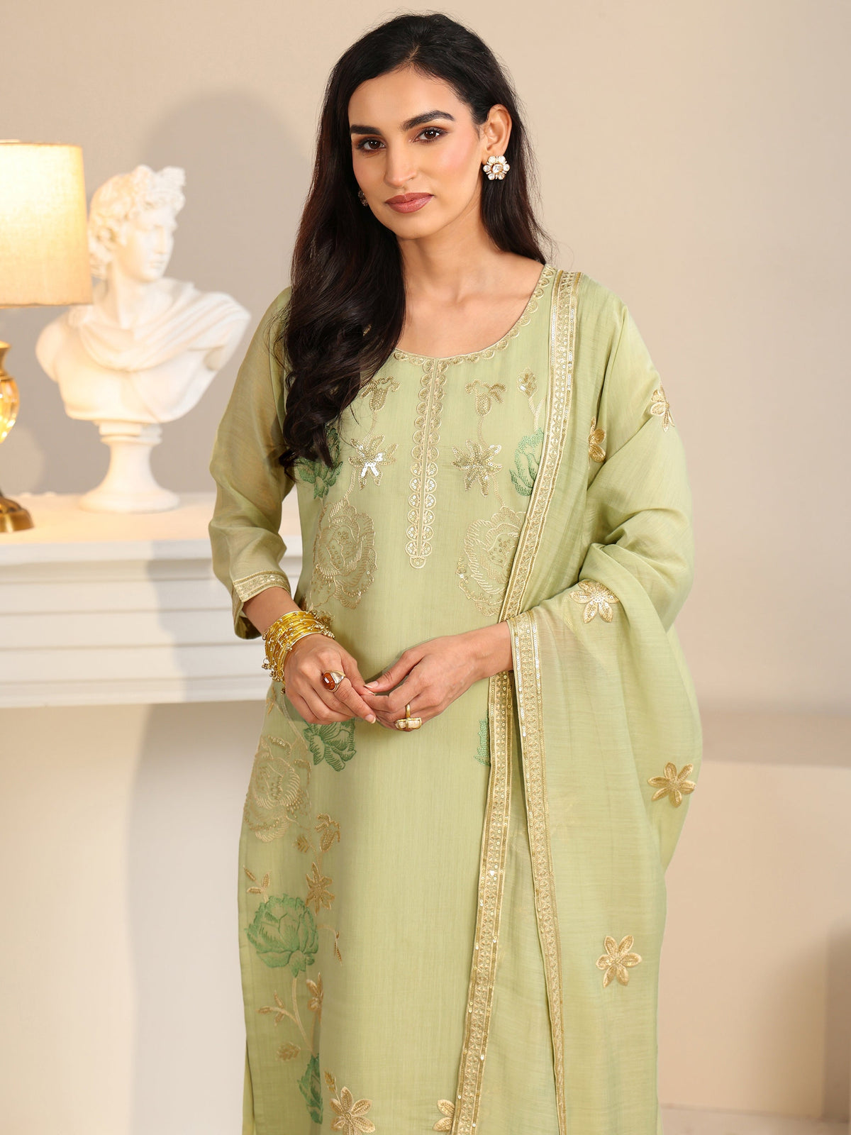 Anouk Pista Green Floral Embroidered Silk Blend Straight Suit Set