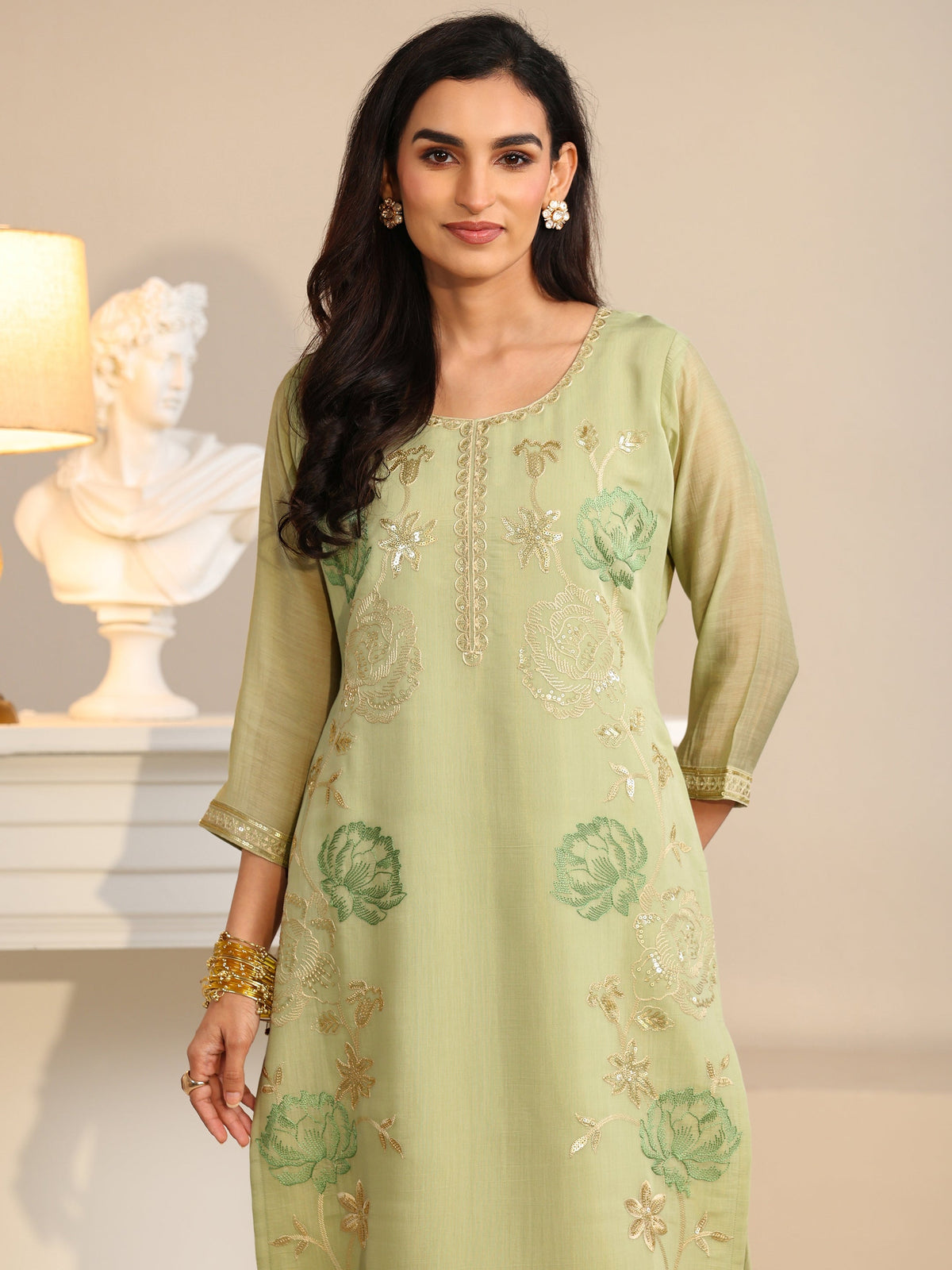 Anouk Pista Green Floral Embroidered Silk Blend Straight Suit Set