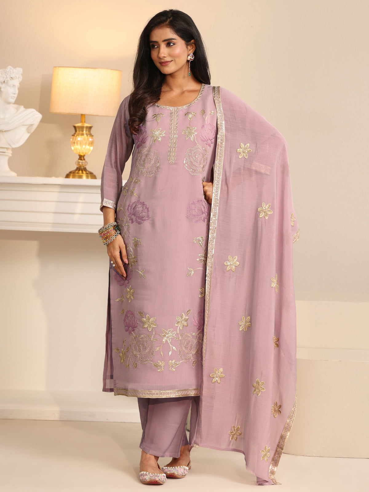 Anouk Dusty Lilac Floral Embroidered Silk Blend Straight Suit Set