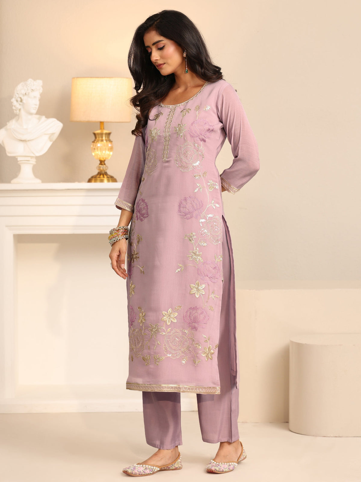 Anouk Dusty Lilac Floral Embroidered Silk Blend Straight Suit Set