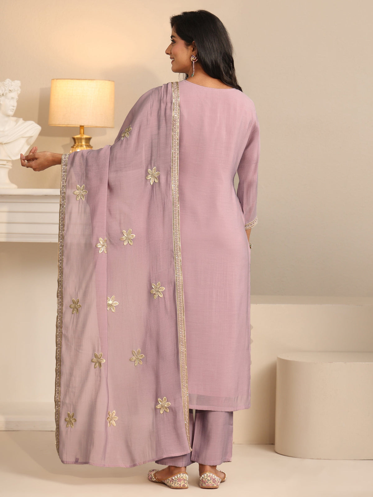 Anouk Dusty Lilac Floral Embroidered Silk Blend Straight Suit Set