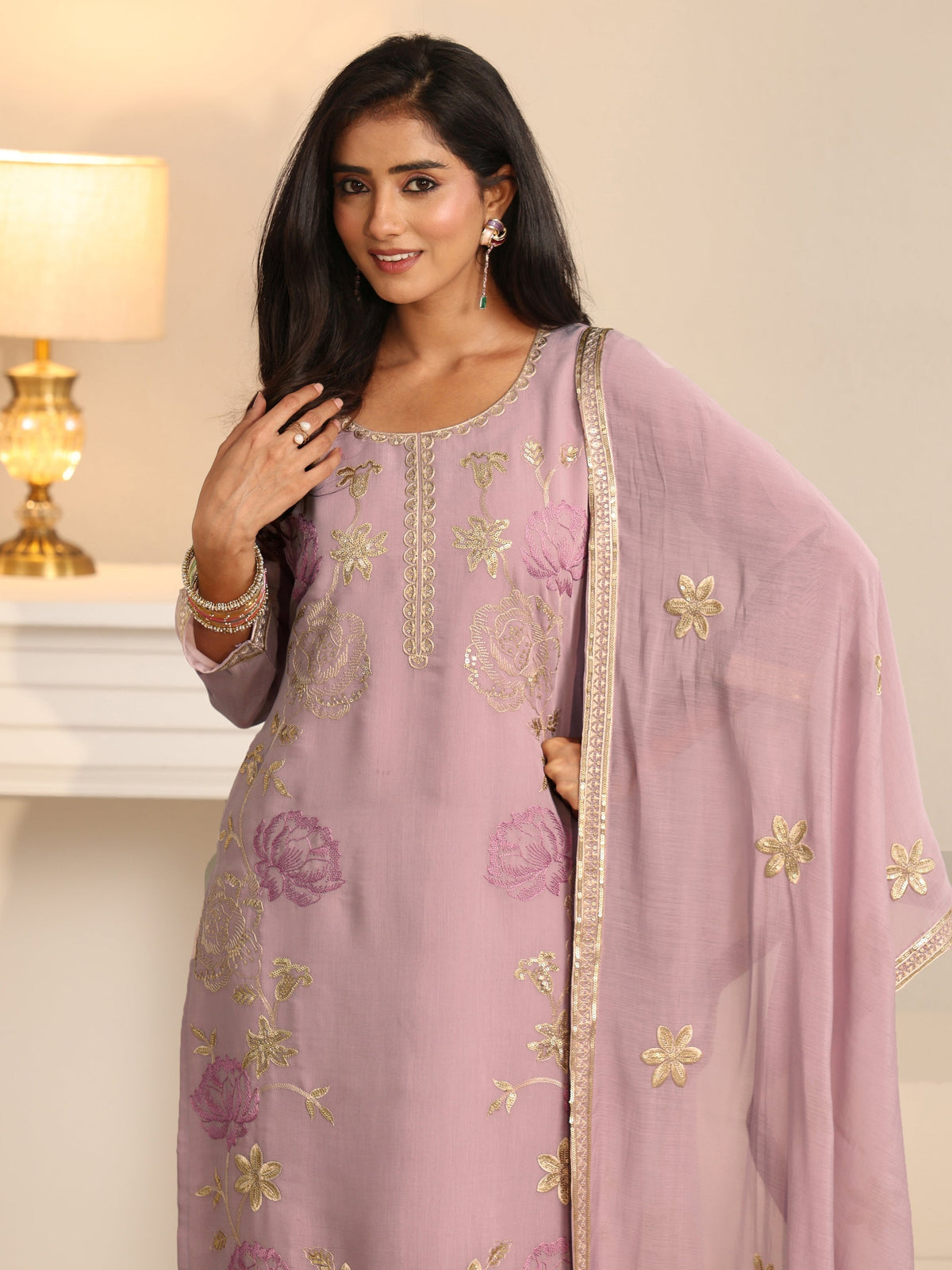 Anouk Dusty Lilac Floral Embroidered Silk Blend Straight Suit Set