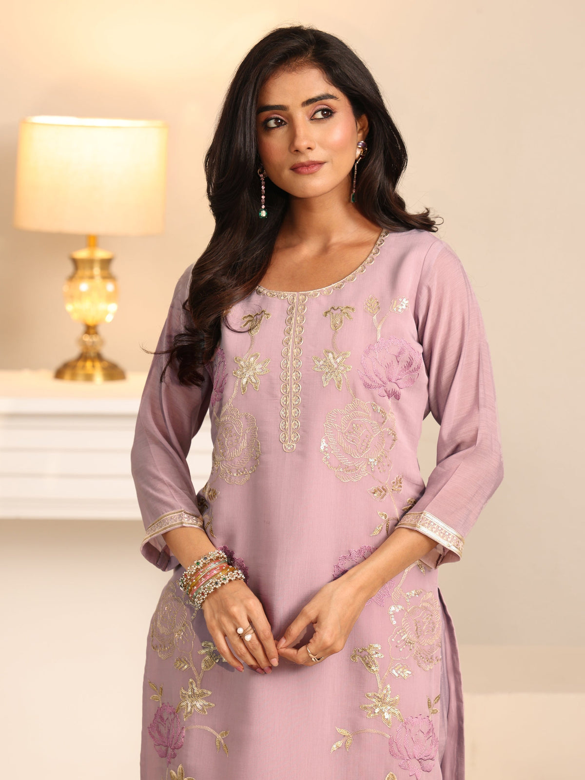 Anouk Dusty Lilac Floral Embroidered Silk Blend Straight Suit Set