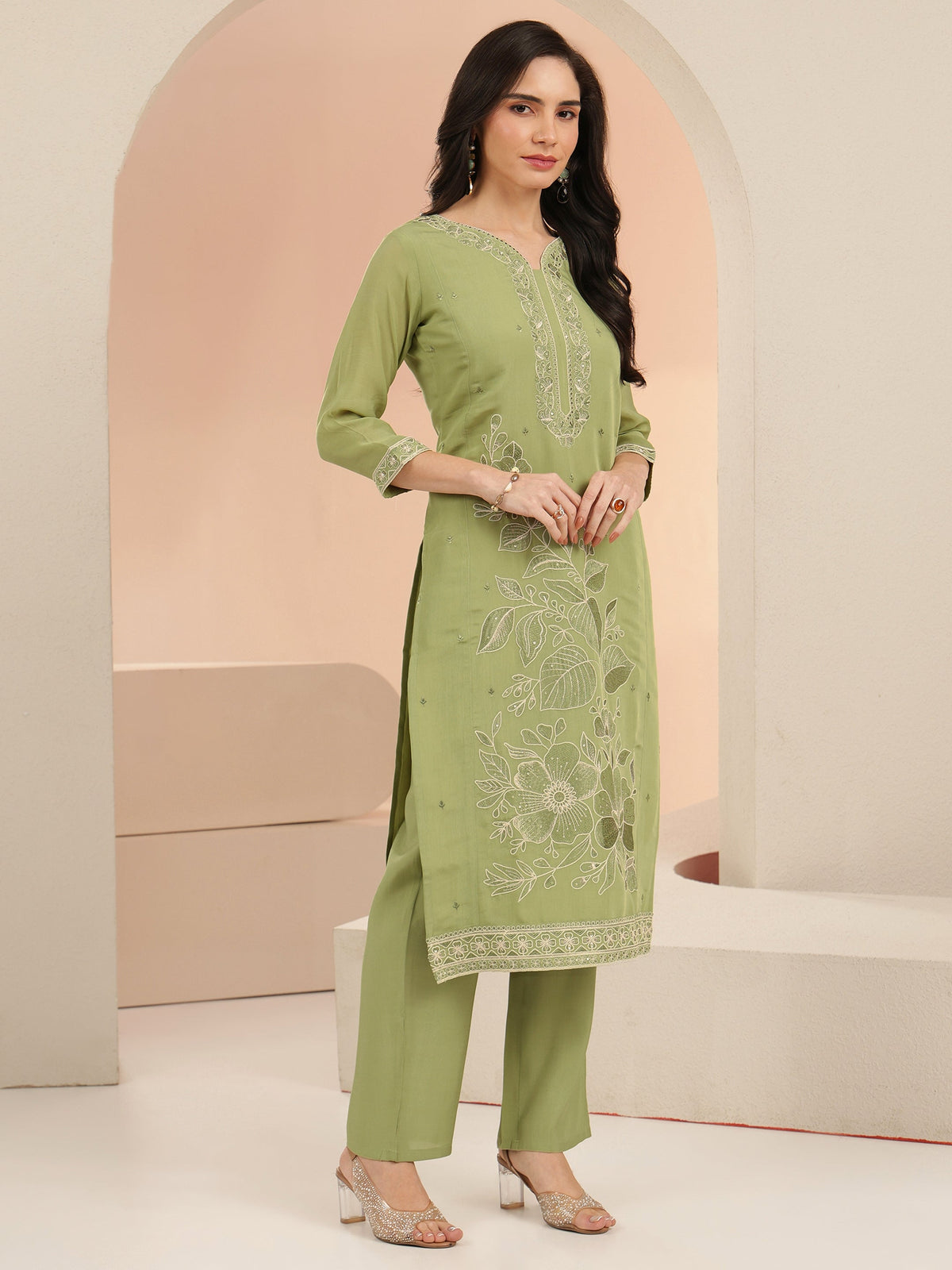 Anouk Pista Green Floral Embroidered Silk Blend Straight Suit Set