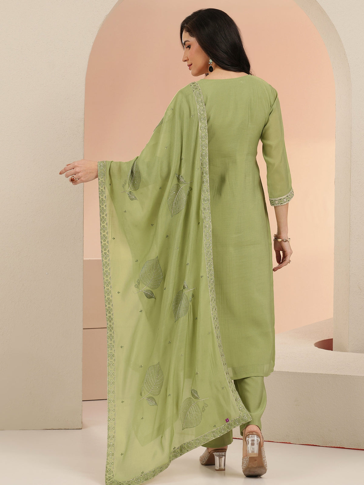 Anouk Pista Green Floral Embroidered Silk Blend Straight Suit Set