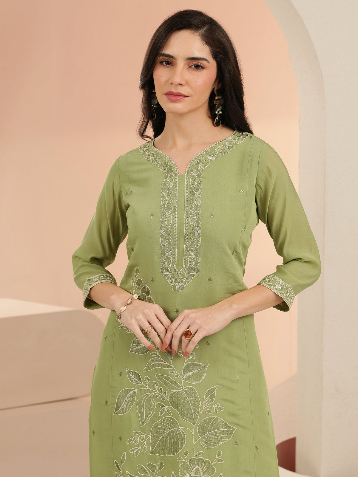 Anouk Pista Green Floral Embroidered Silk Blend Straight Suit Set