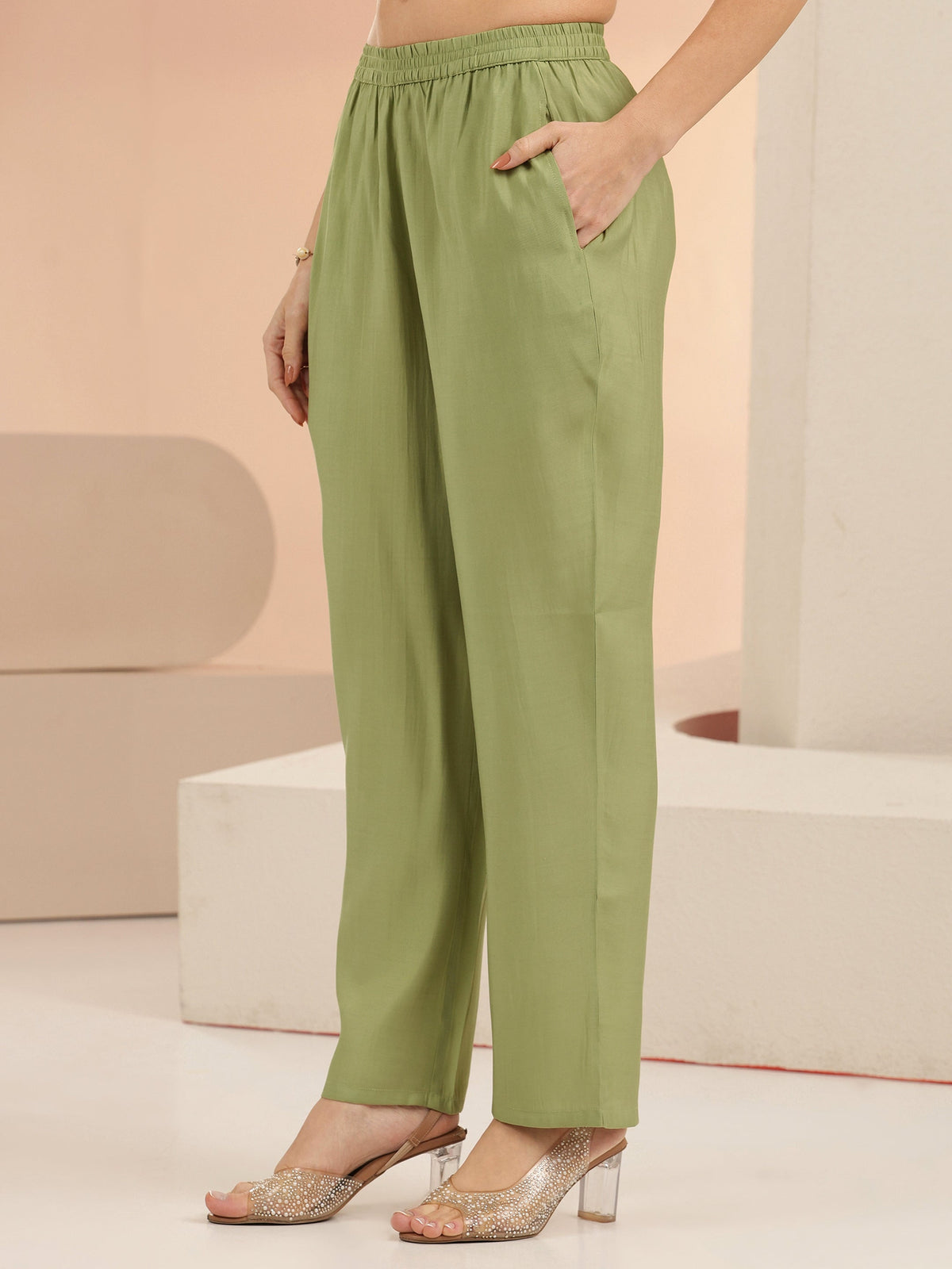 Anouk Pista Green Floral Embroidered Silk Blend Straight Suit Set