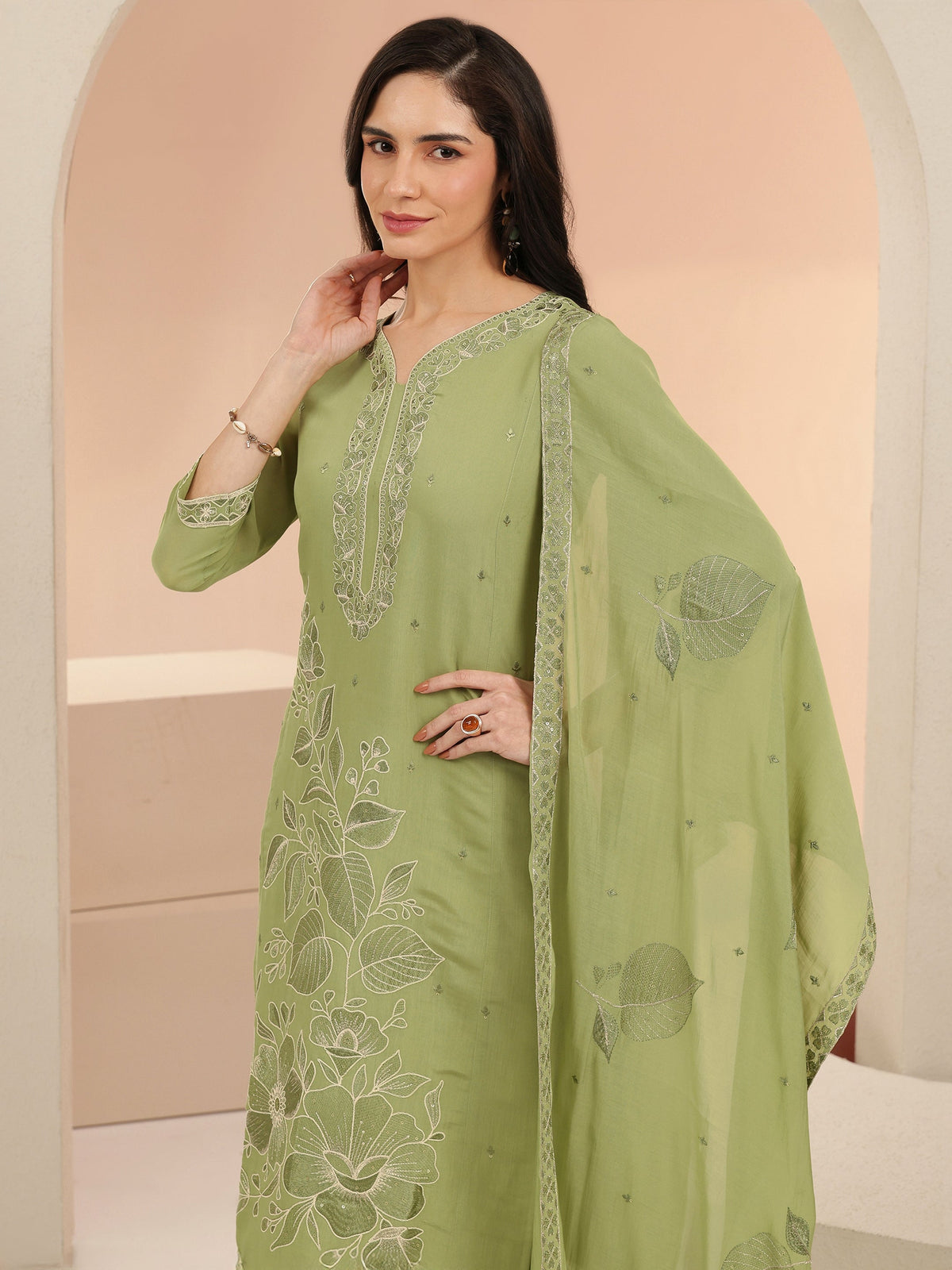 Anouk Pista Green Floral Embroidered Silk Blend Straight Suit Set