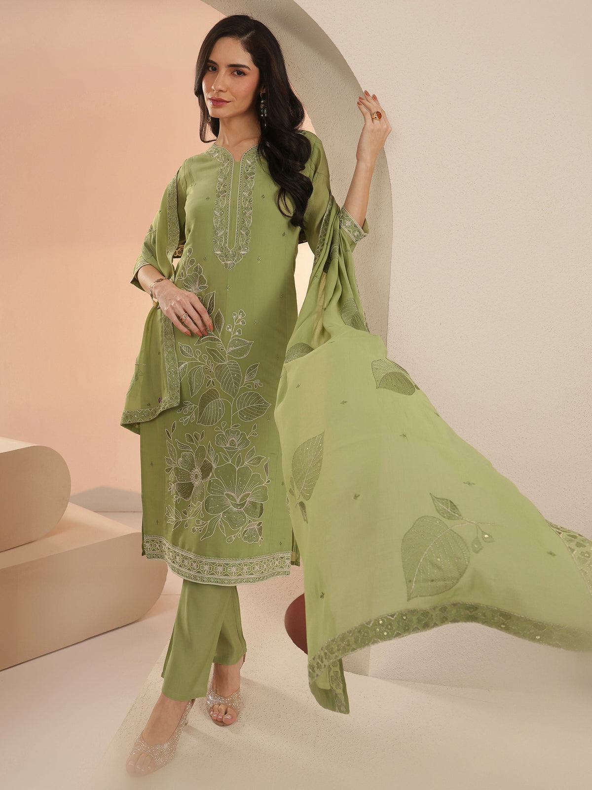 Anouk Pista Green Floral Embroidered Silk Blend Straight Suit Set