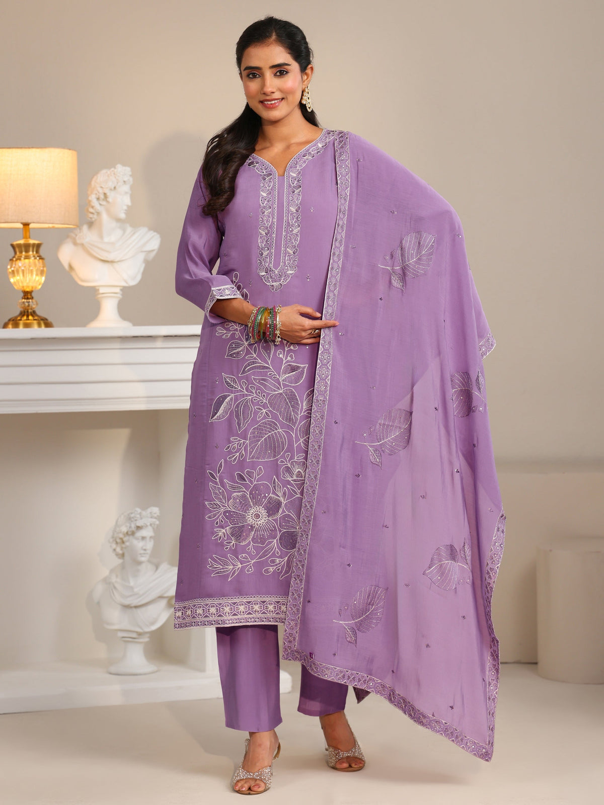 Anouk Lavender Floral Embroidered Silk Bkend Straight Suit Set