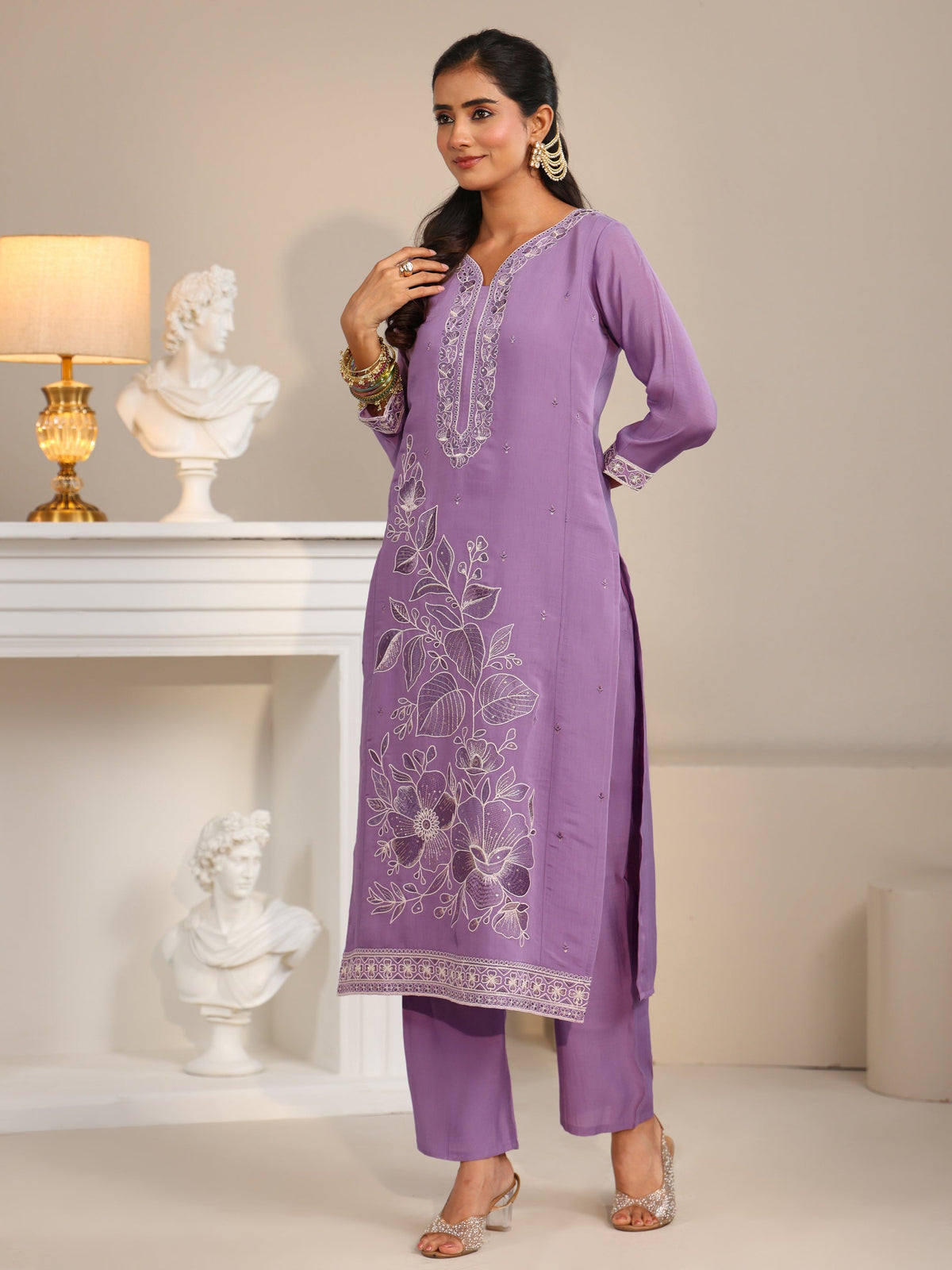 Anouk Lavender Floral Embroidered Silk Bkend Straight Suit Set