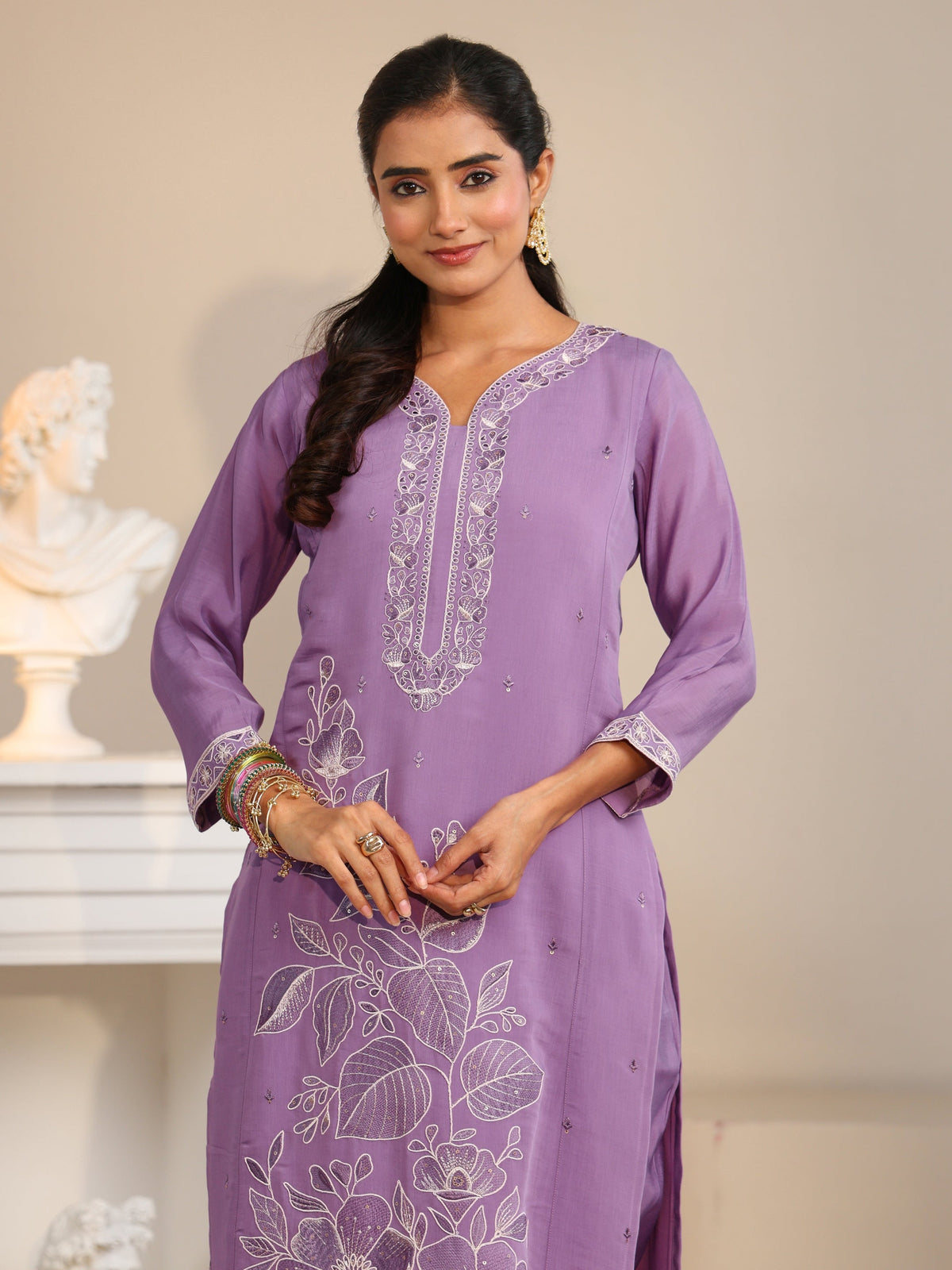 Anouk Lavender Floral Embroidered Silk Bkend Straight Suit Set