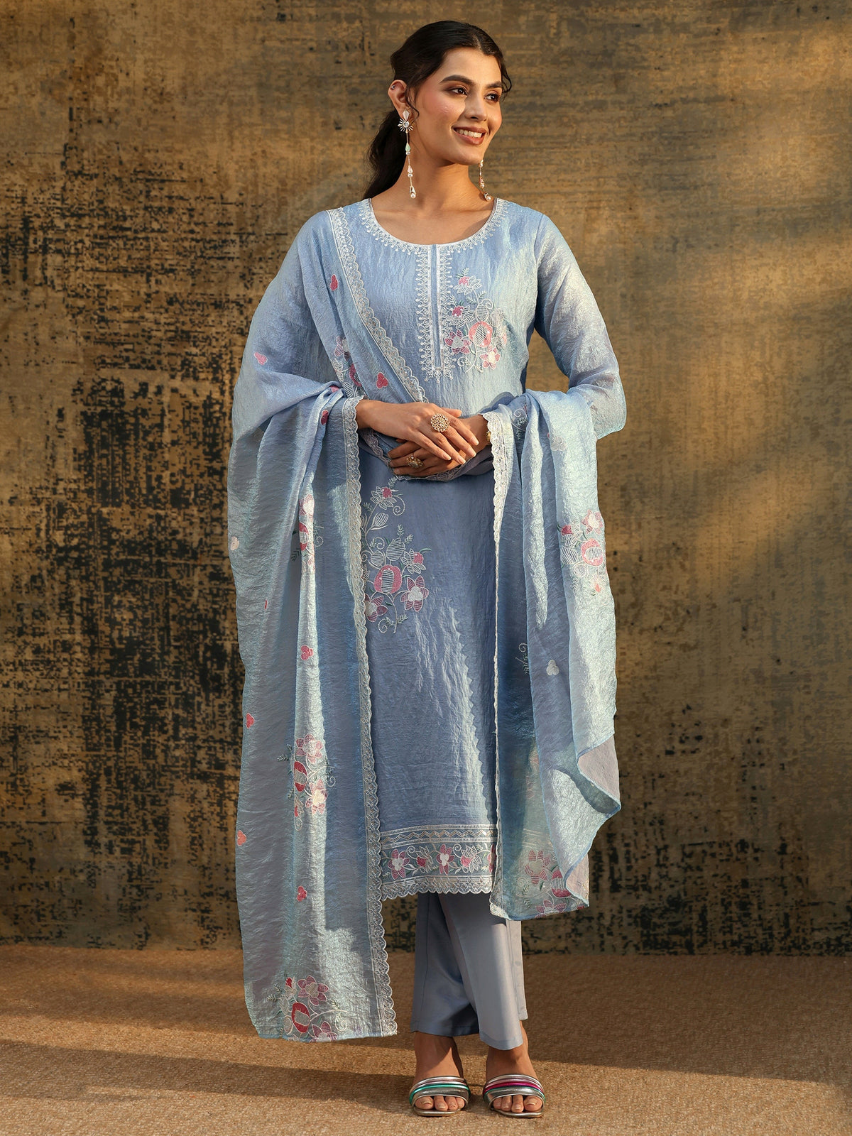 Anouk Ice Blue Floral Embroidered Organza Straight Suit Set
