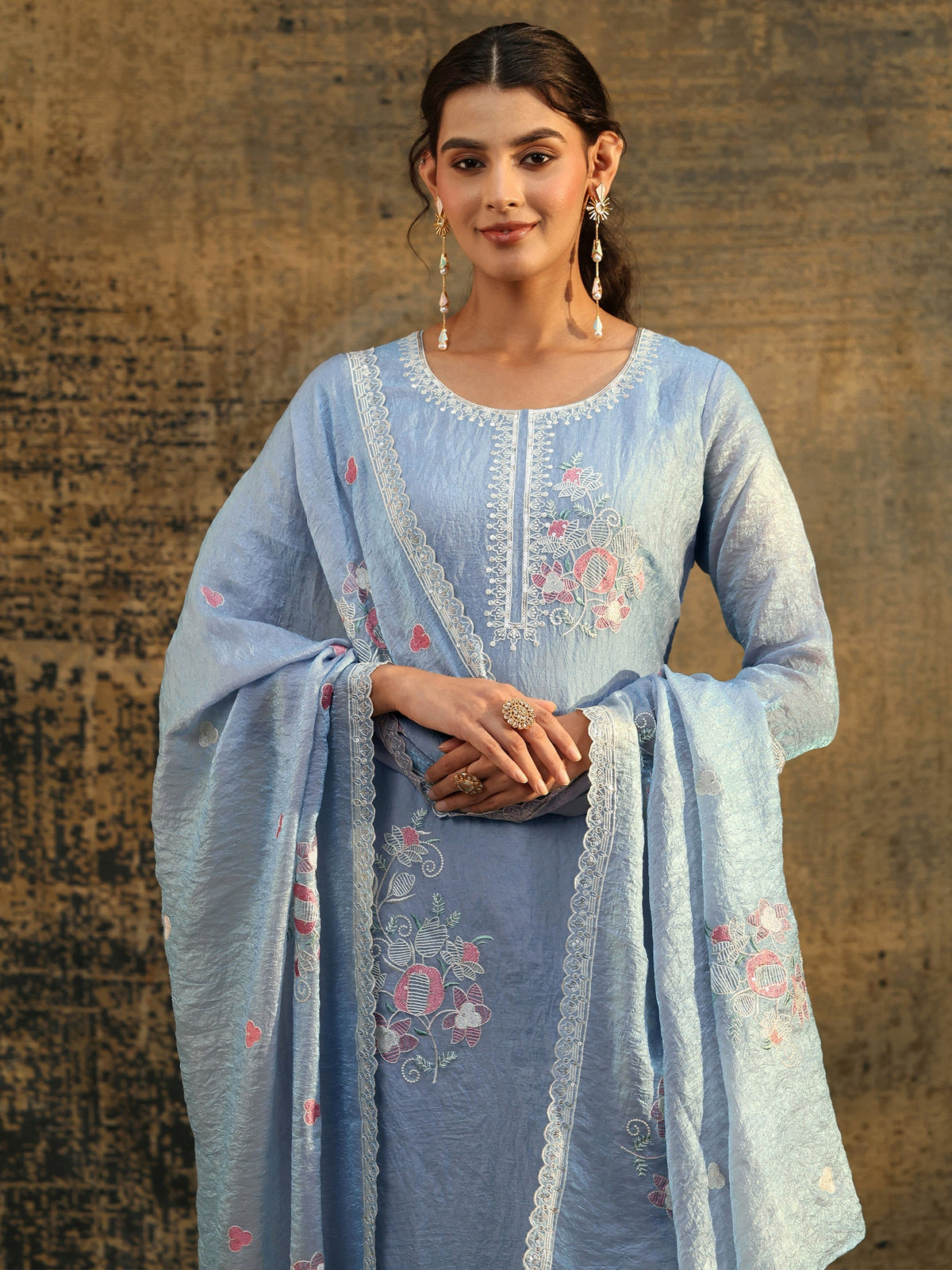 Anouk Ice Blue Floral Embroidered Organza Straight Suit Set