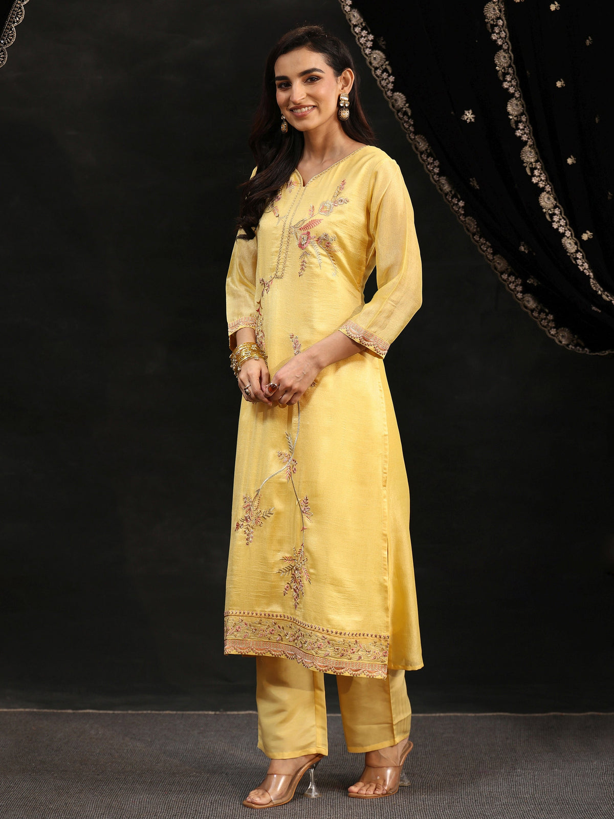 Anouk Butter Yellow Floral Embroidered Silk Blend Straight Suit Set