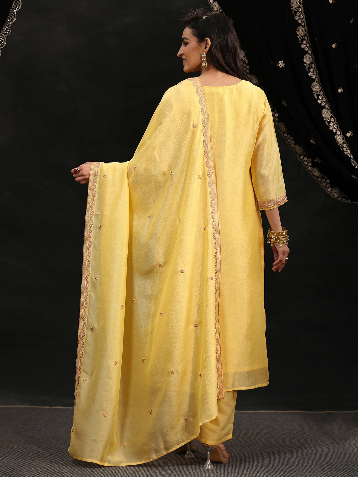 Anouk Butter Yellow Floral Embroidered Silk Blend Straight Suit Set