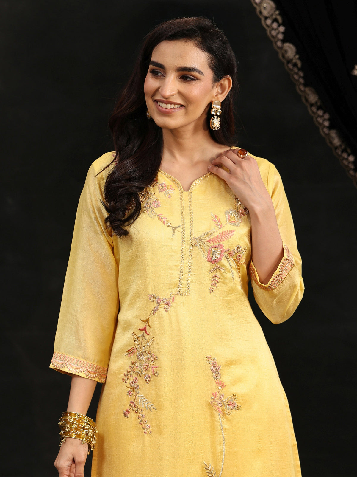 Anouk Butter Yellow Floral Embroidered Silk Blend Straight Suit Set