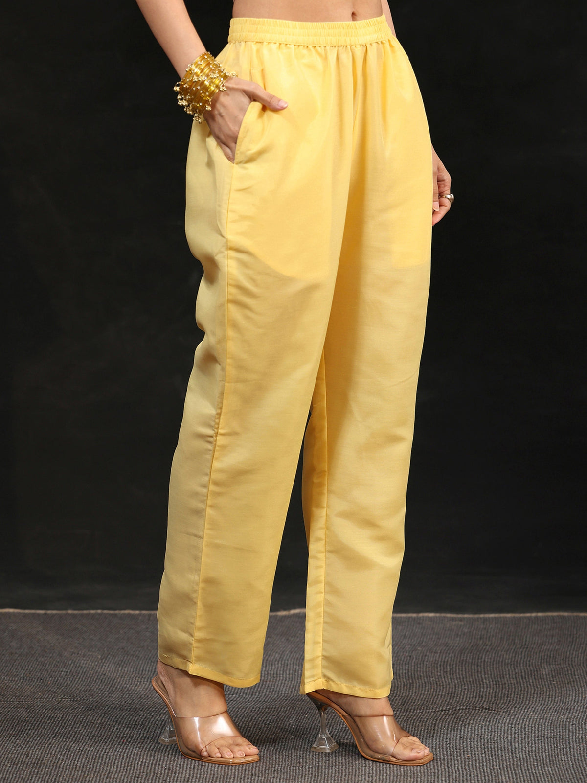Anouk Butter Yellow Floral Embroidered Silk Blend Straight Suit Set