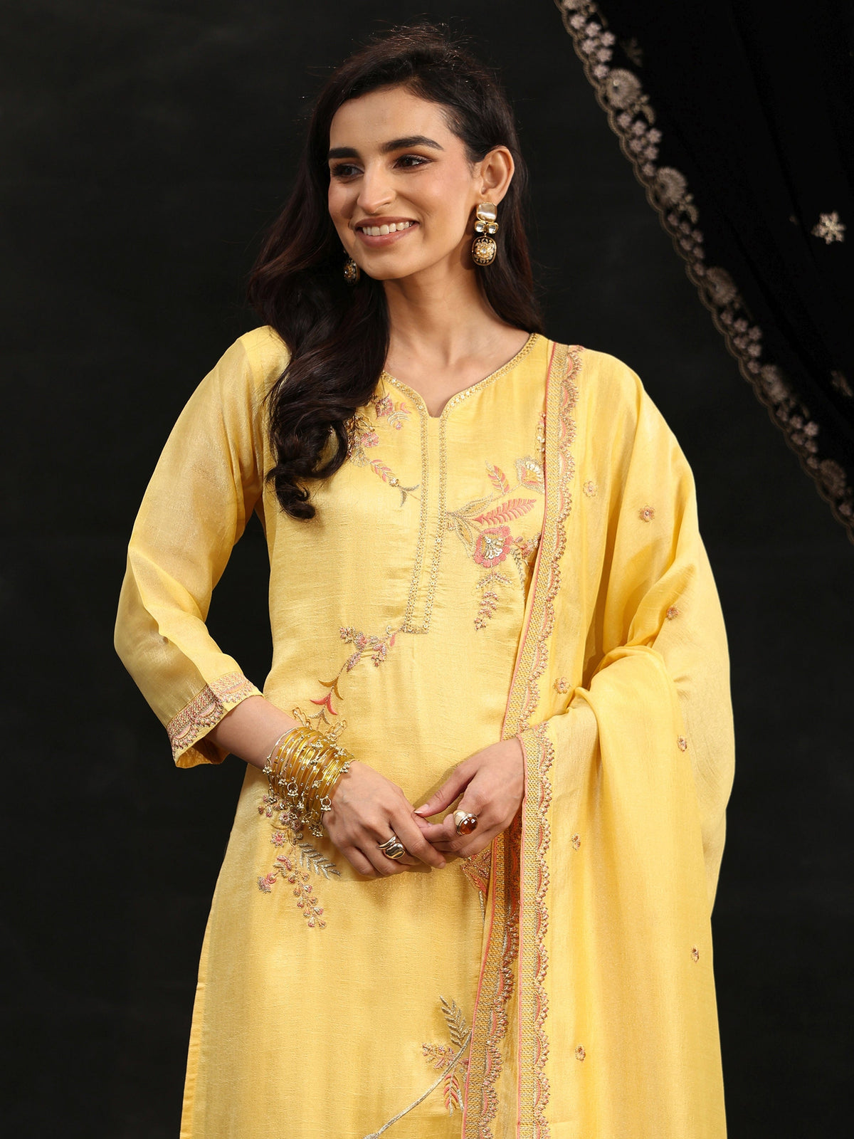 Anouk Butter Yellow Floral Embroidered Silk Blend Straight Suit Set