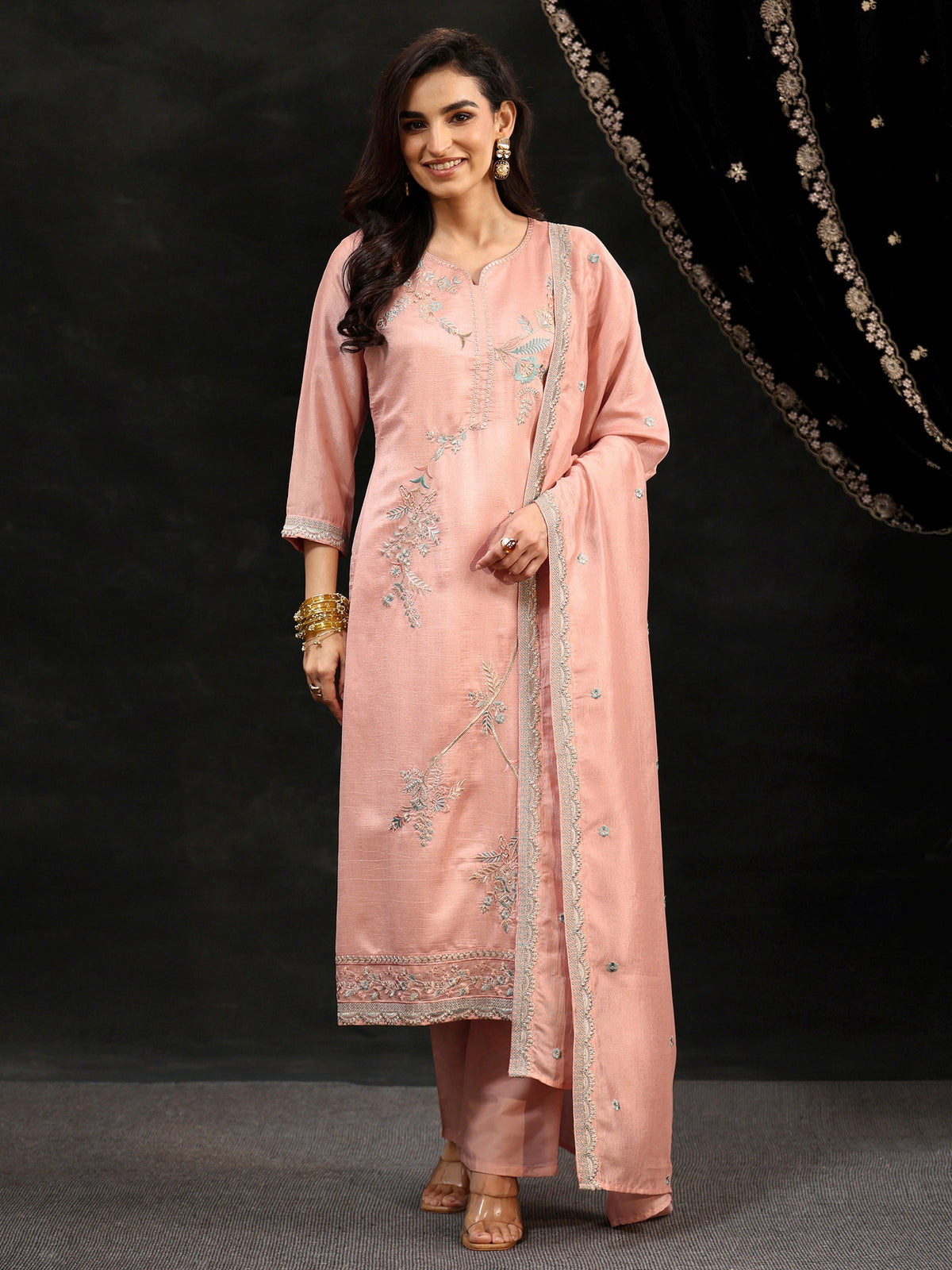 Anouk Baby Pink Floral Embroidered Silk Blend Straight Suit Set