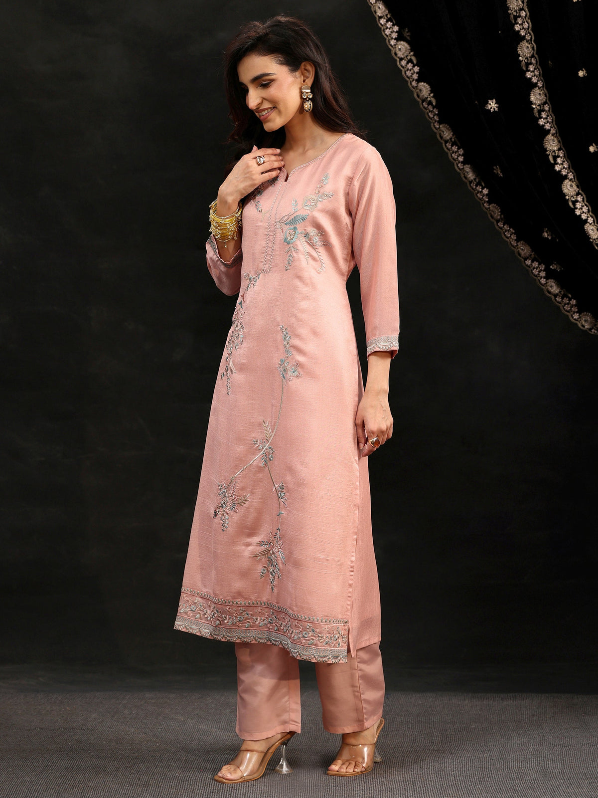 Anouk Baby Pink Floral Embroidered Silk Blend Straight Suit Set