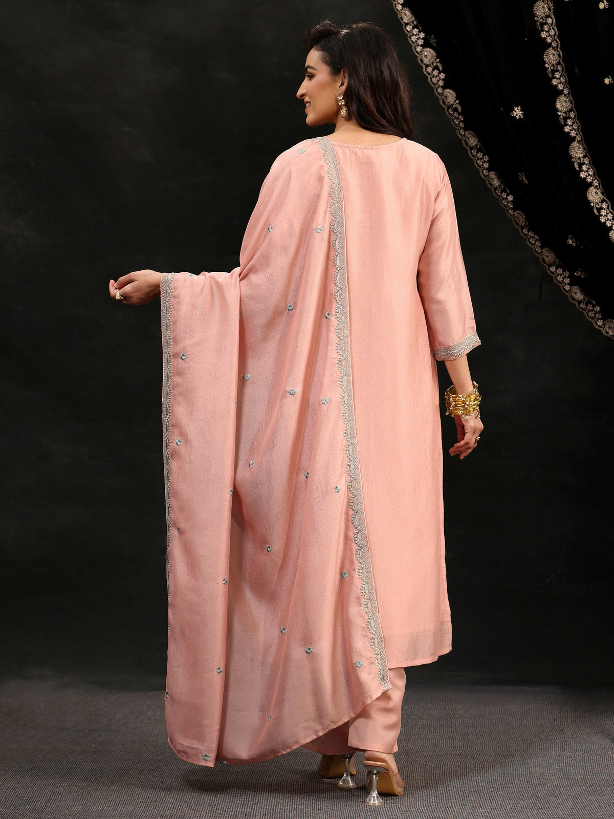 Anouk Baby Pink Floral Embroidered Silk Blend Straight Suit Set