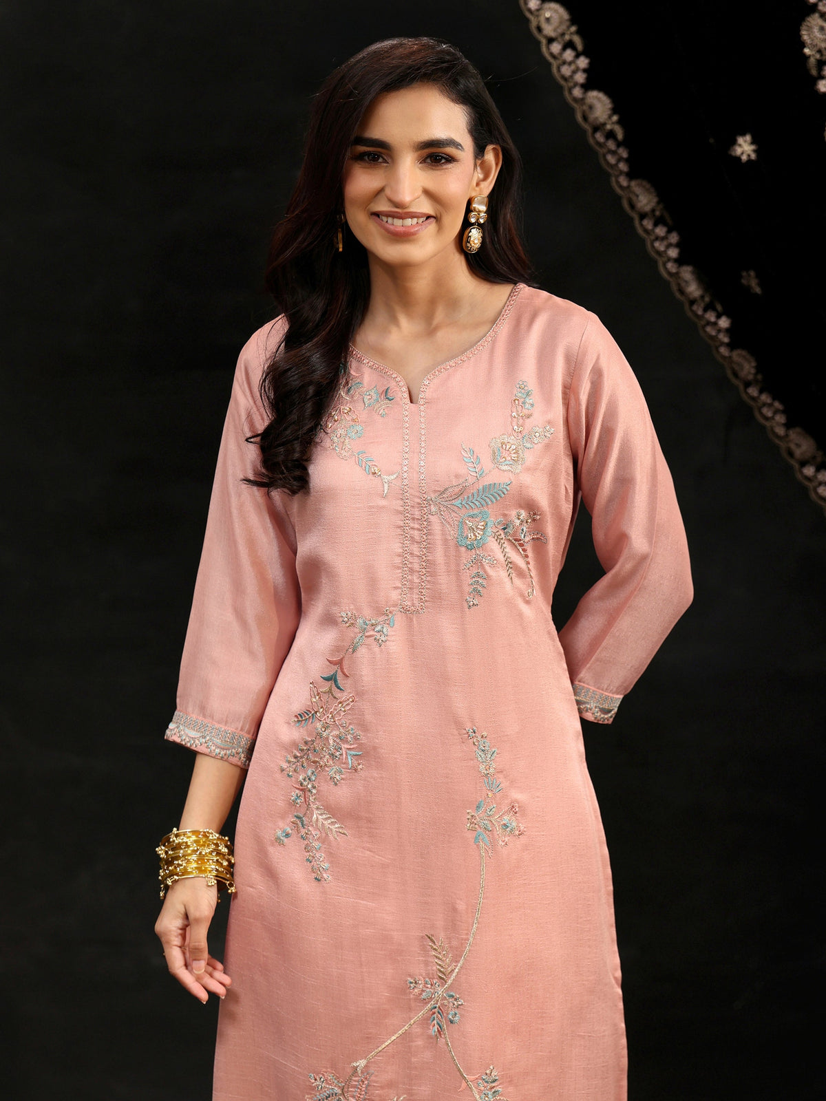 Anouk Baby Pink Floral Embroidered Silk Blend Straight Suit Set