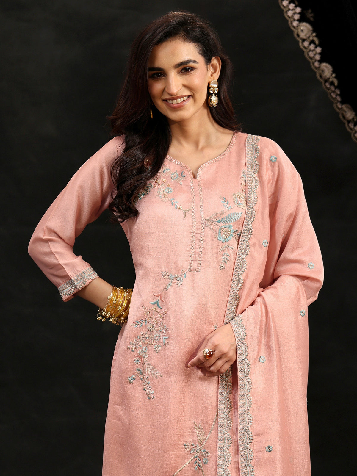 Anouk Baby Pink Floral Embroidered Silk Blend Straight Suit Set