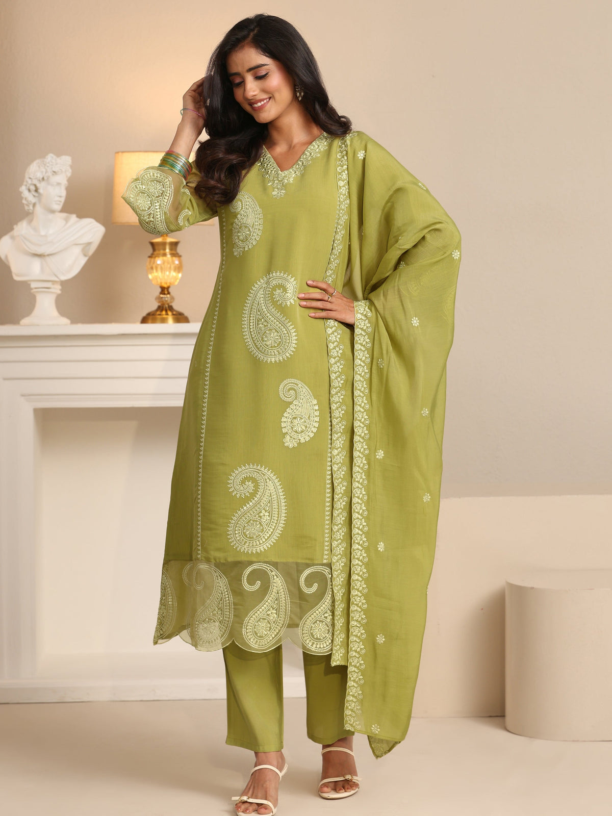 Anouk Olive Green Paisley Embroidered Chanderi Cotton Straight Suit Set