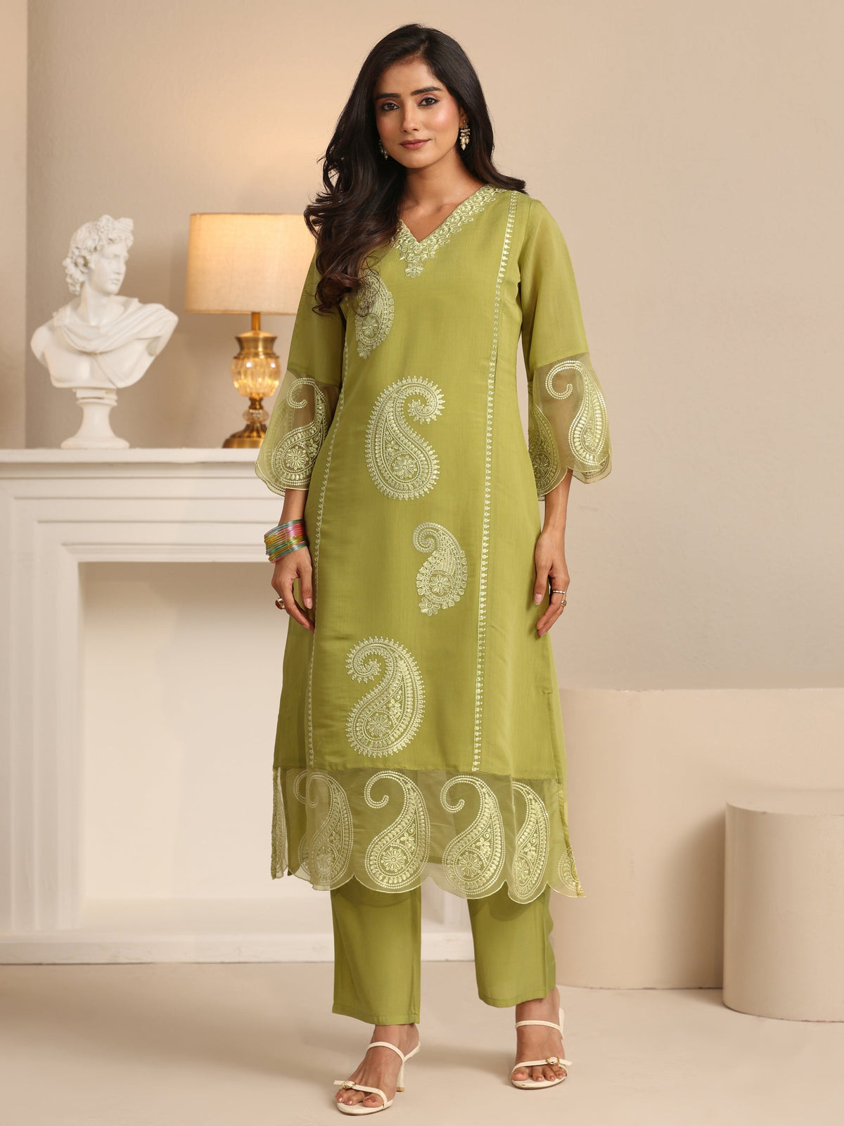 Anouk Olive Green Paisley Embroidered Chanderi Cotton Straight Suit Set