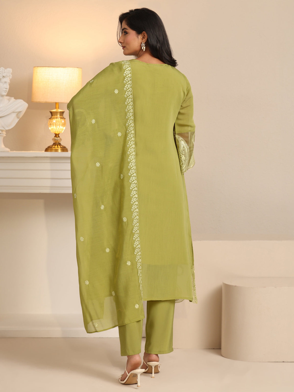 Anouk Olive Green Paisley Embroidered Chanderi Cotton Straight Suit Set