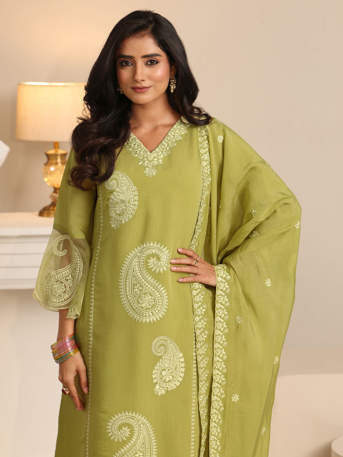 Anouk Olive Green Paisley Embroidered Chanderi Cotton Straight Suit Set