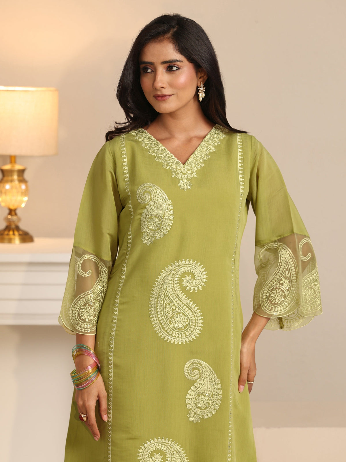 Anouk Olive Green Paisley Embroidered Chanderi Cotton Straight Suit Set