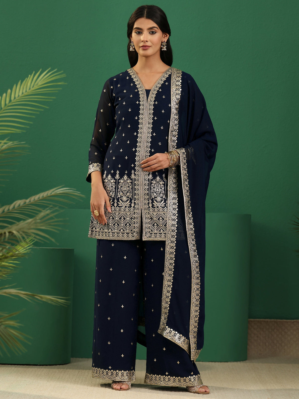 Anouk Art Navy Blue Embellished Georgette Palazzo Suit Set