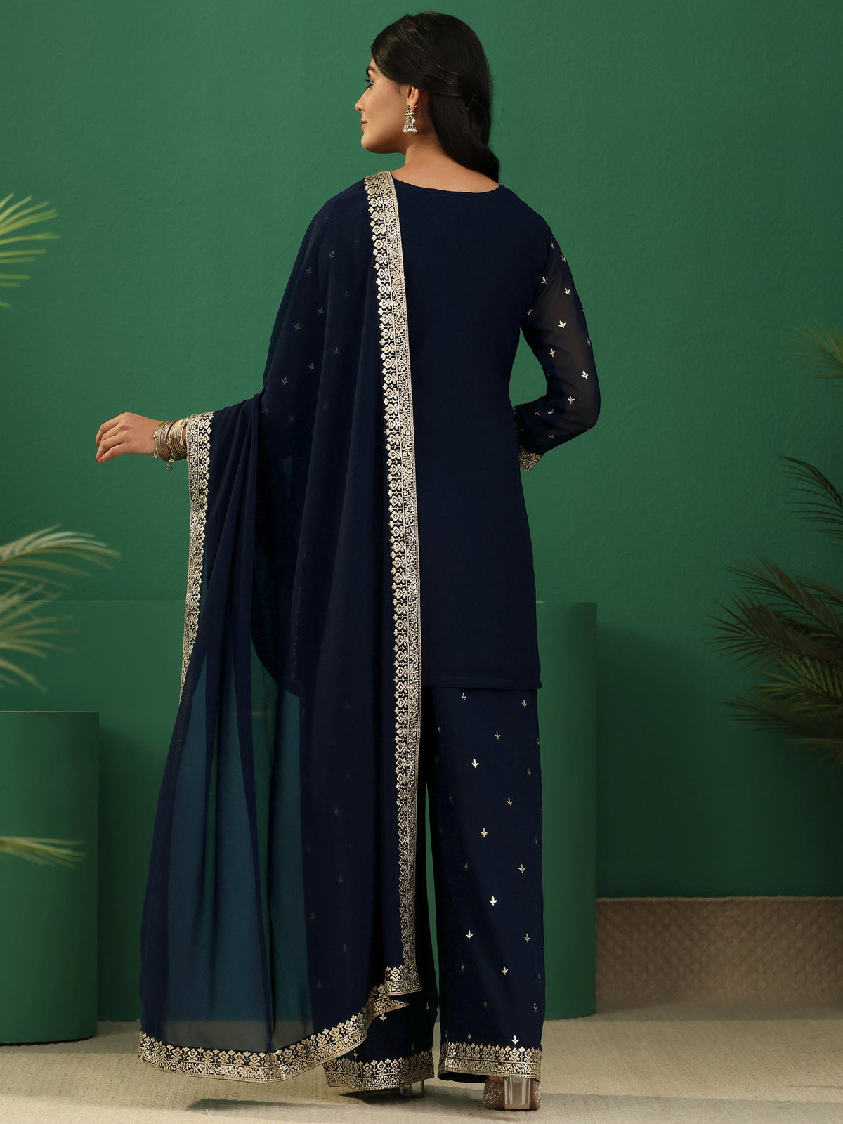 Anouk Art Navy Blue Embellished Georgette Palazzo Suit Set