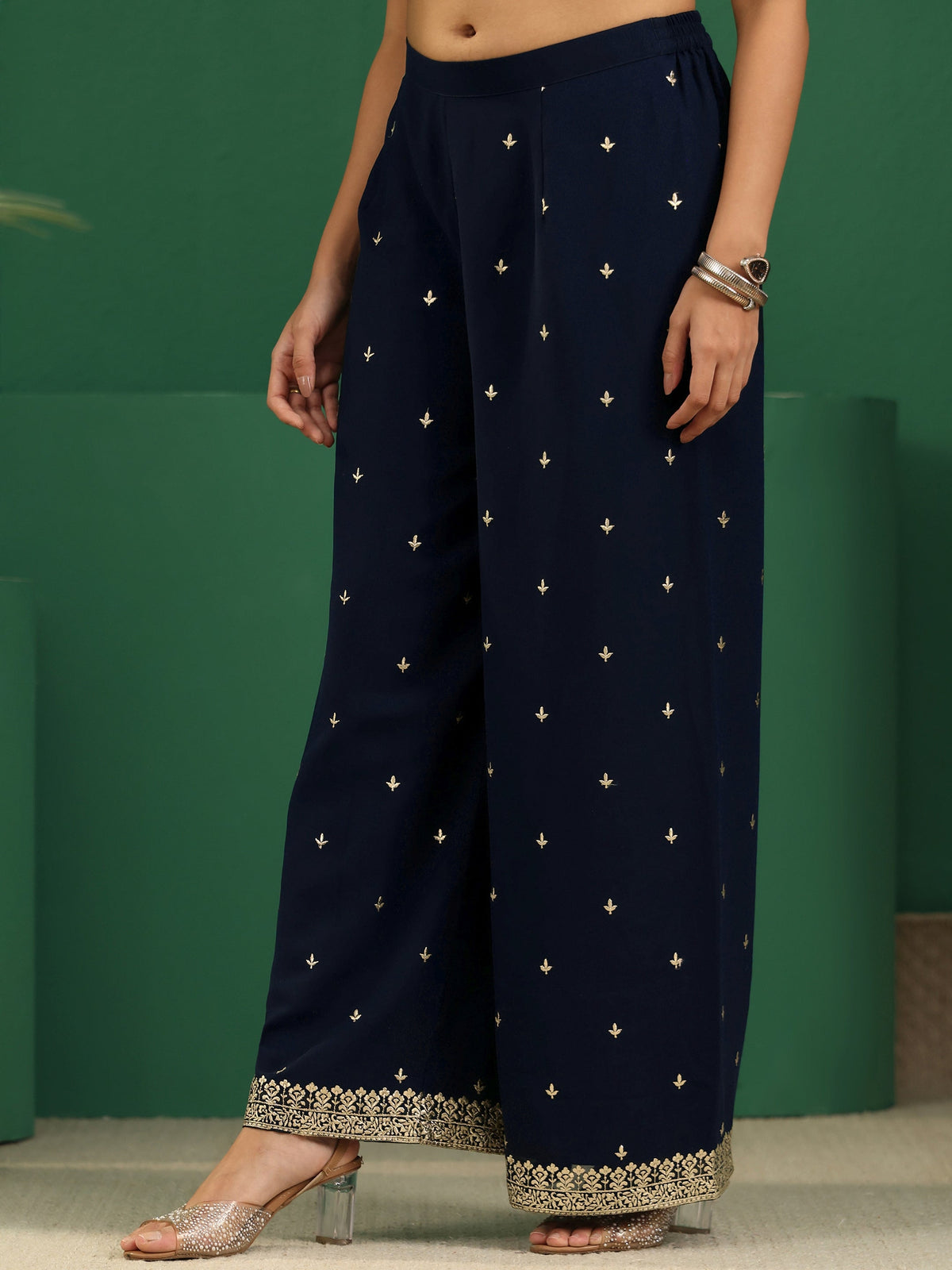 Anouk Art Navy Blue Embellished Georgette Palazzo Suit Set