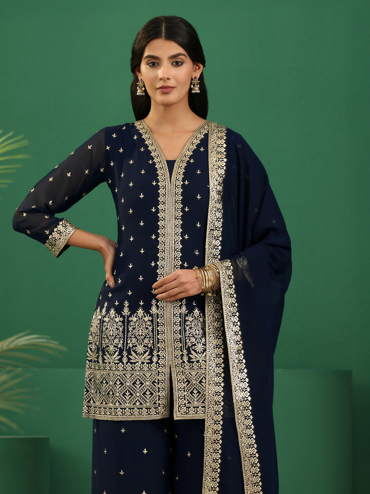 Anouk Art Navy Blue Embellished Georgette Palazzo Suit Set