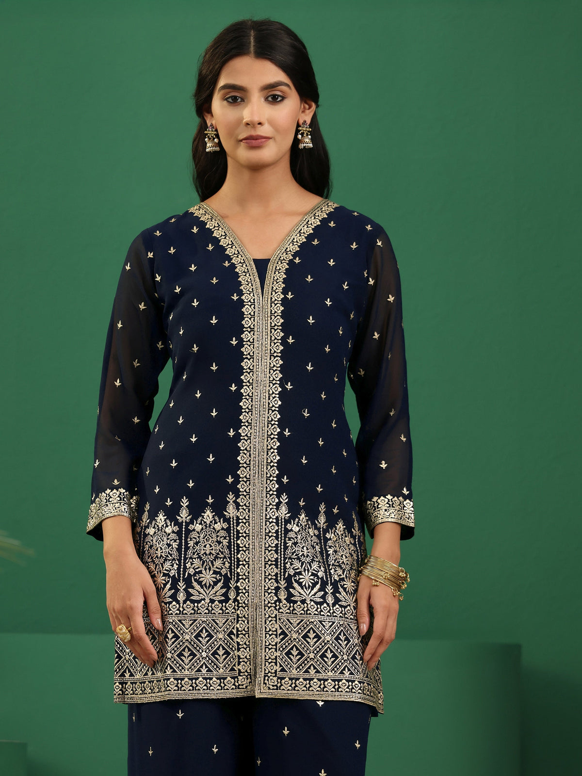Anouk Art Navy Blue Embellished Georgette Palazzo Suit Set