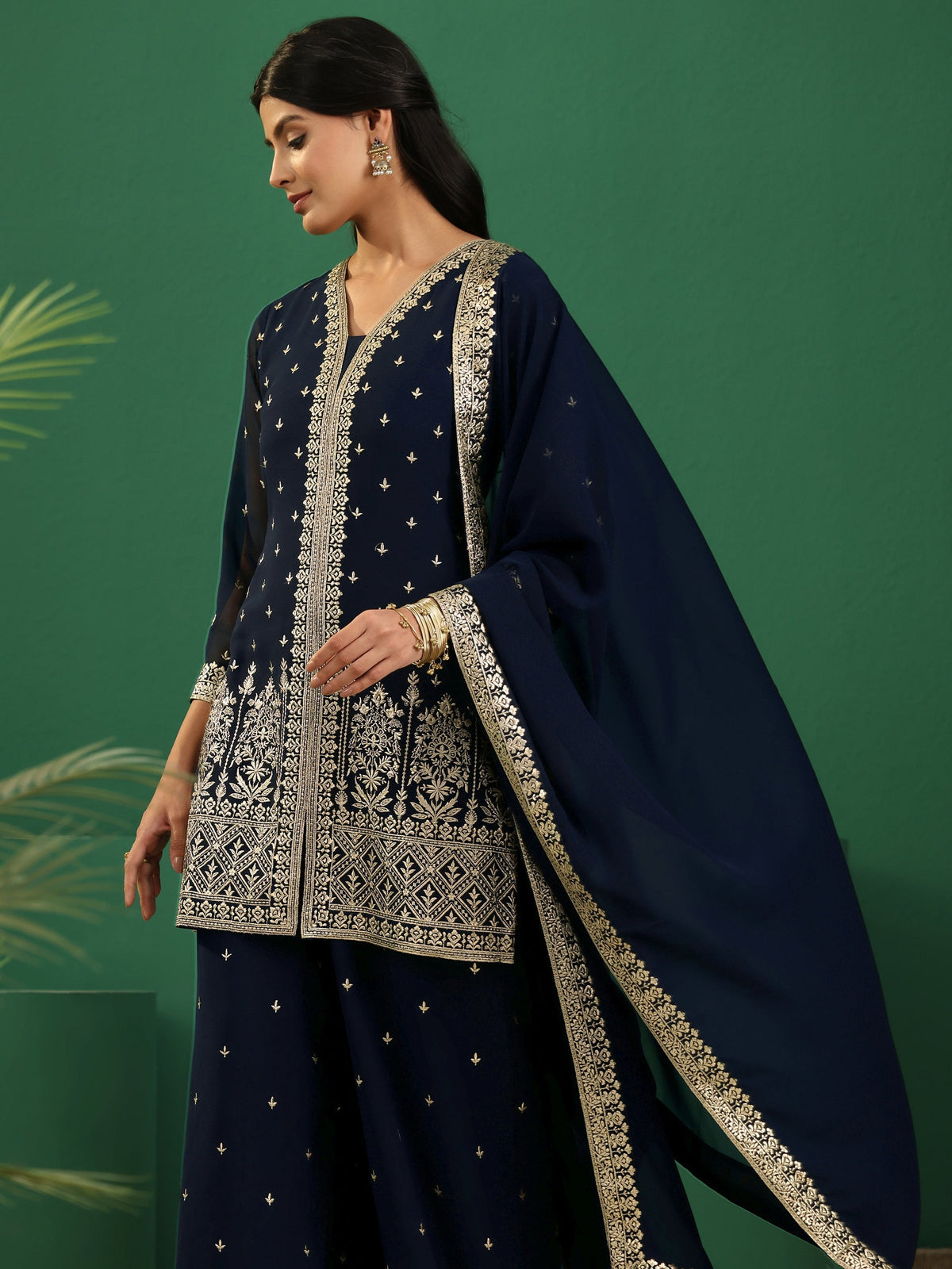 Anouk Art Navy Blue Embellished Georgette Palazzo Suit Set