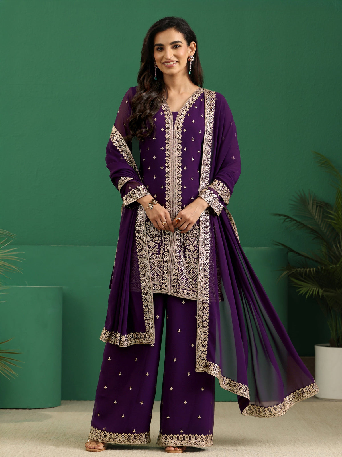 Anouk Art Aubergine Purple Embellished Georgette Palazzo Suit Set