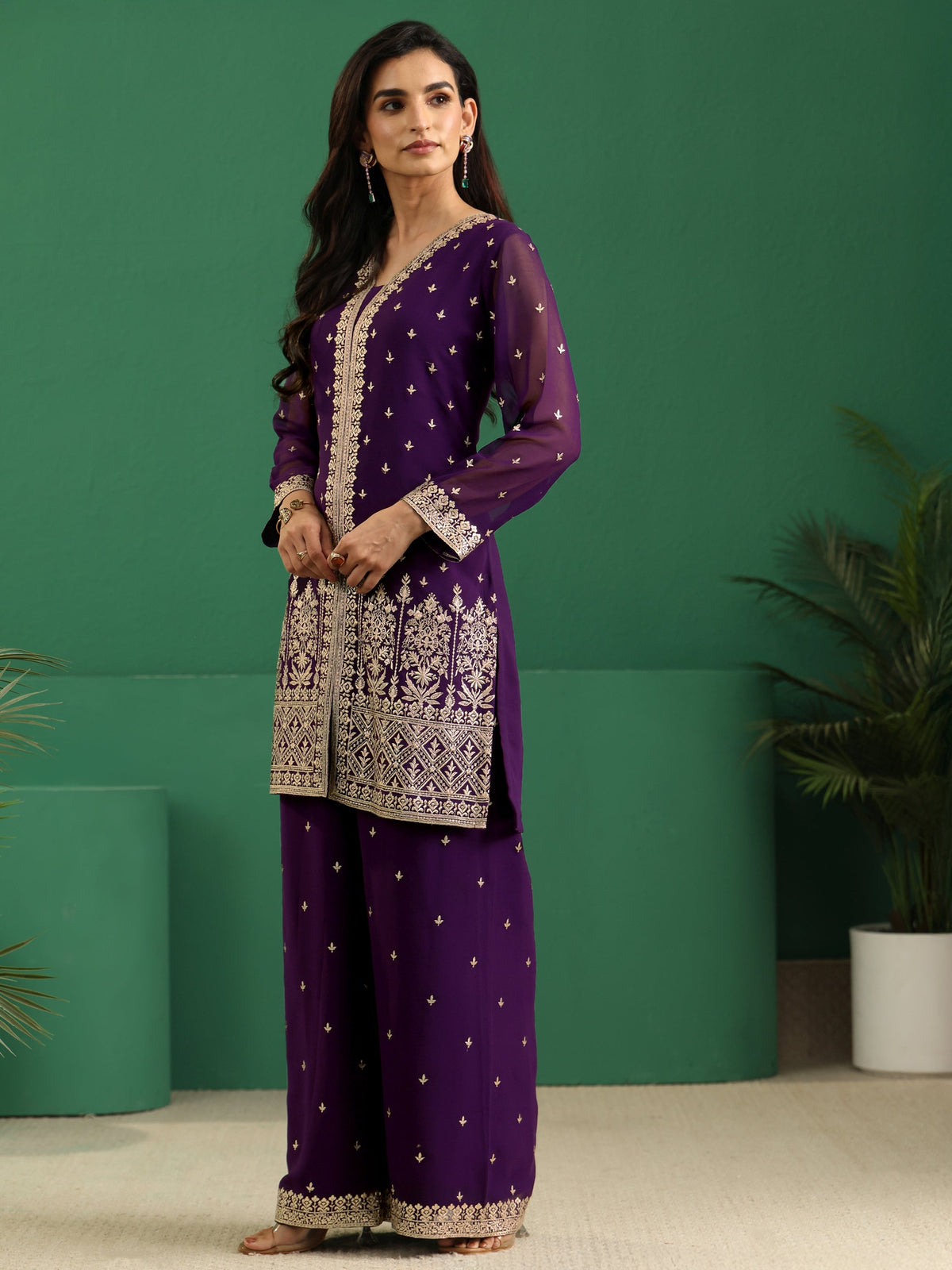 Anouk Art Aubergine Purple Embellished Georgette Palazzo Suit Set