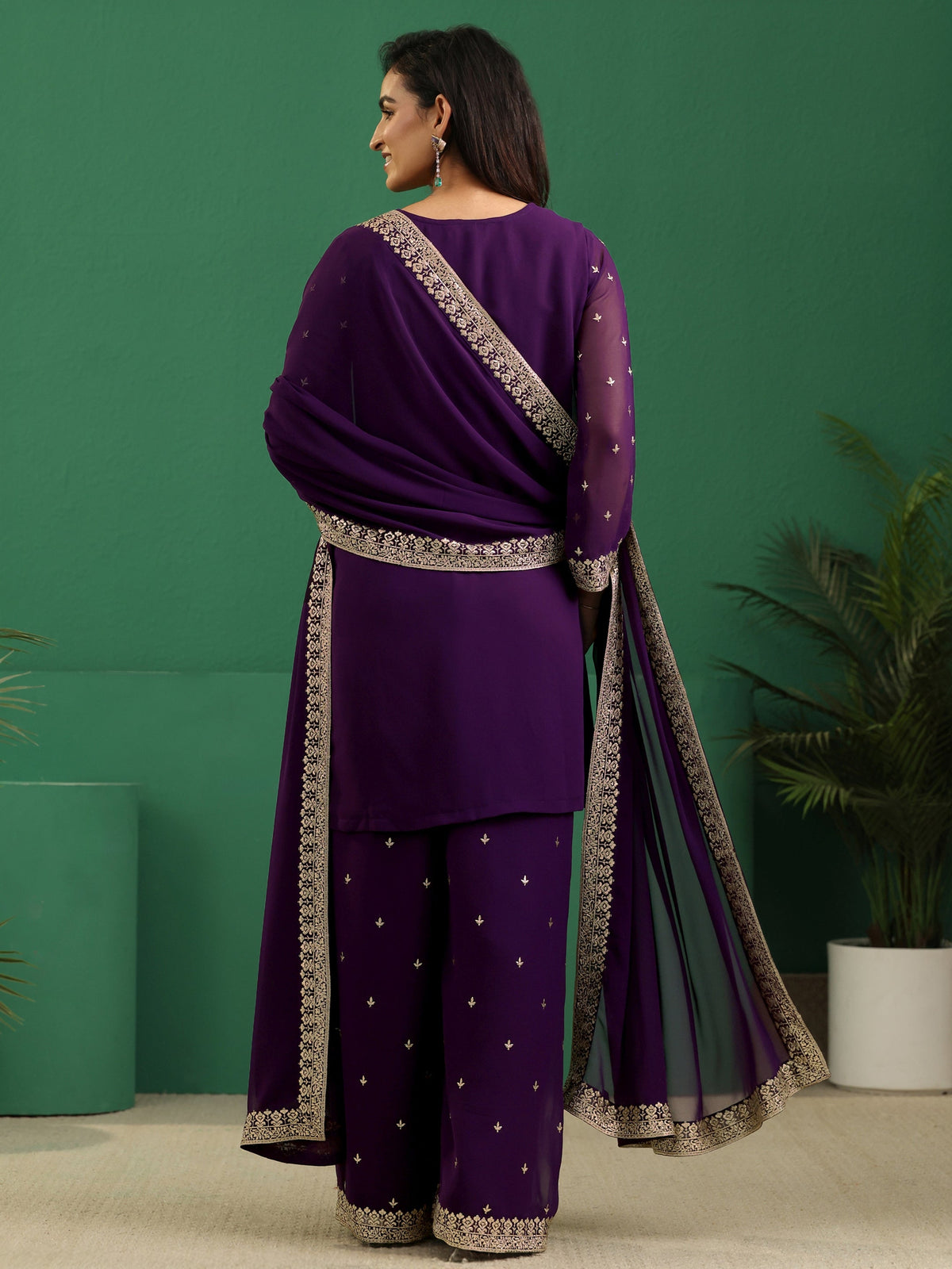 Anouk Art Aubergine Purple Embellished Georgette Palazzo Suit Set