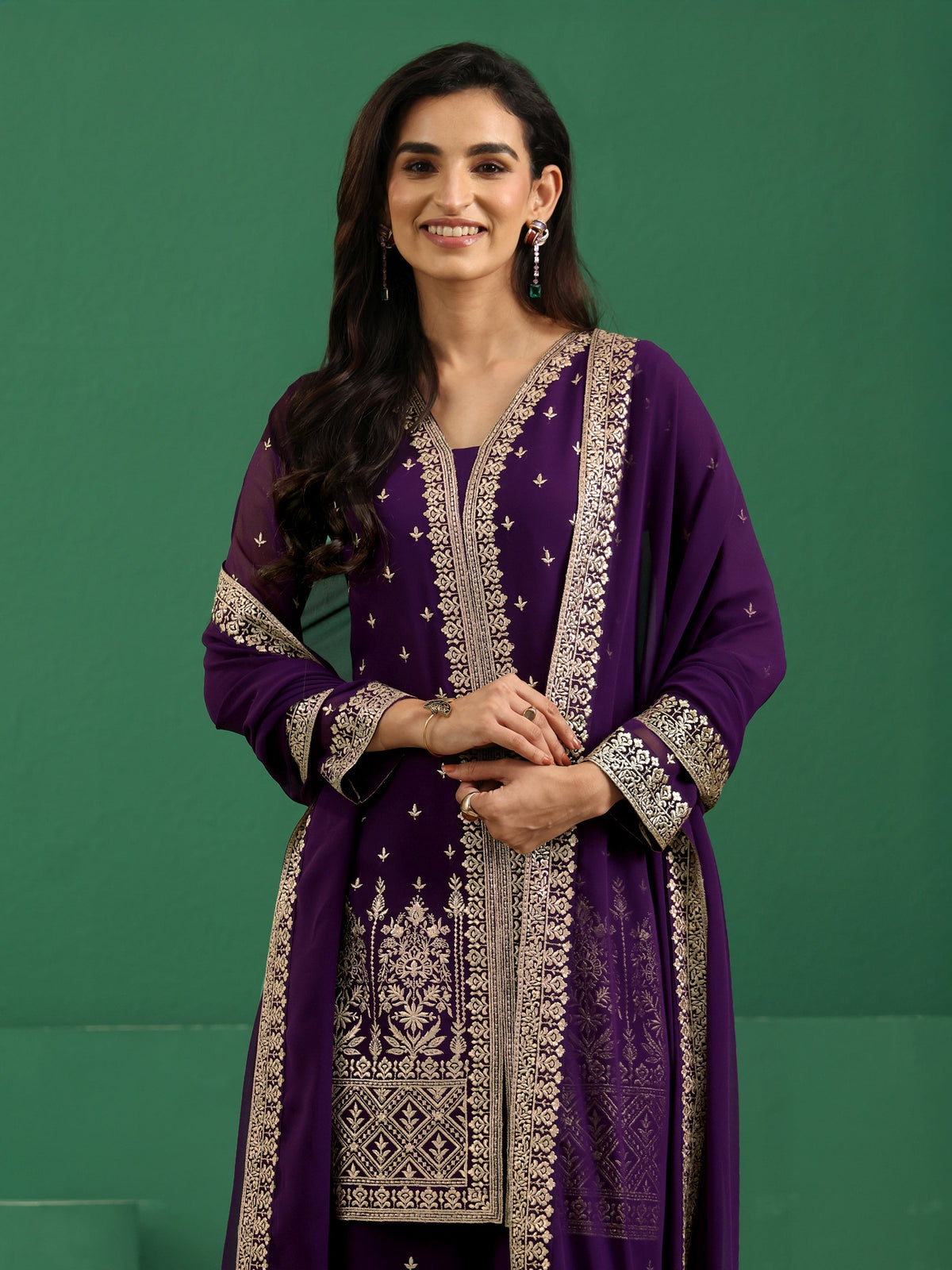 Anouk Art Aubergine Purple Embellished Georgette Palazzo Suit Set