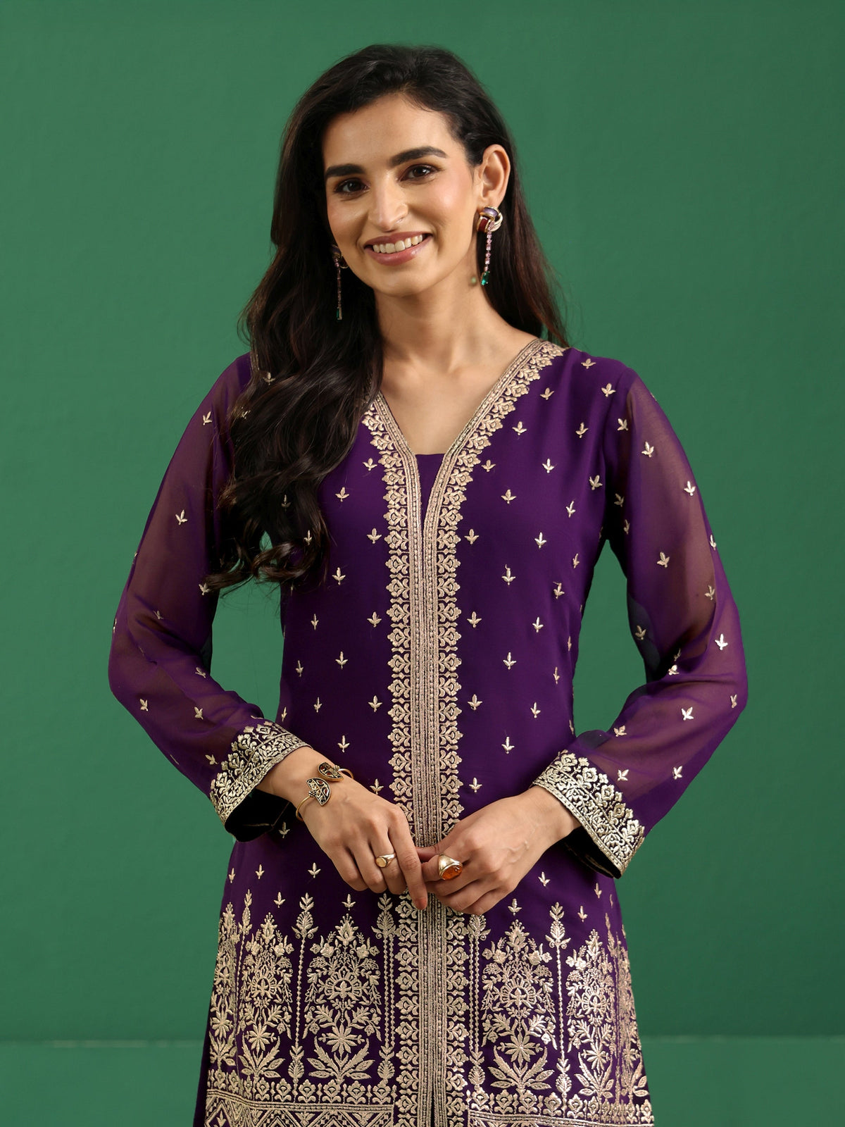 Anouk Art Aubergine Purple Embellished Georgette Palazzo Suit Set
