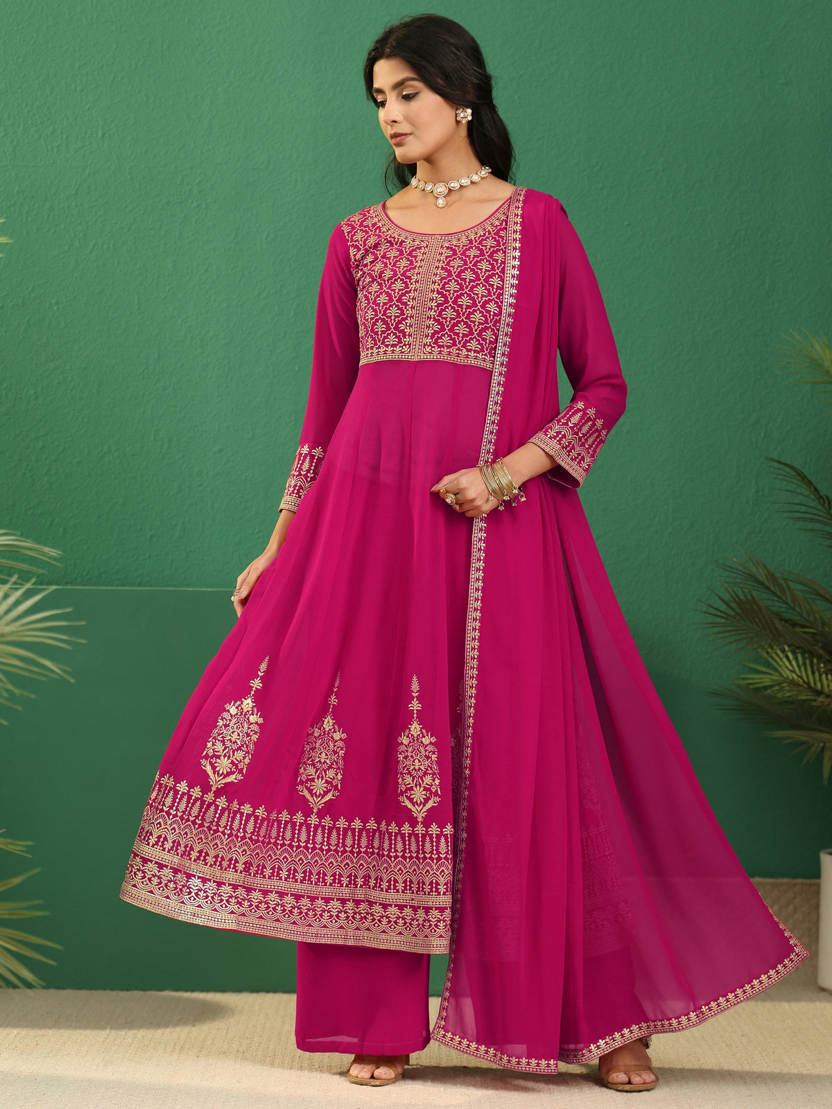 Anouk Art Rani Pink Floral Embroidered Georgette Anarkali Suit Set