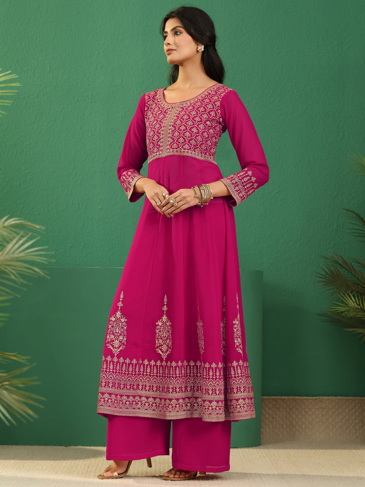 Anouk Art Rani Pink Floral Embroidered Georgette Anarkali Suit Set