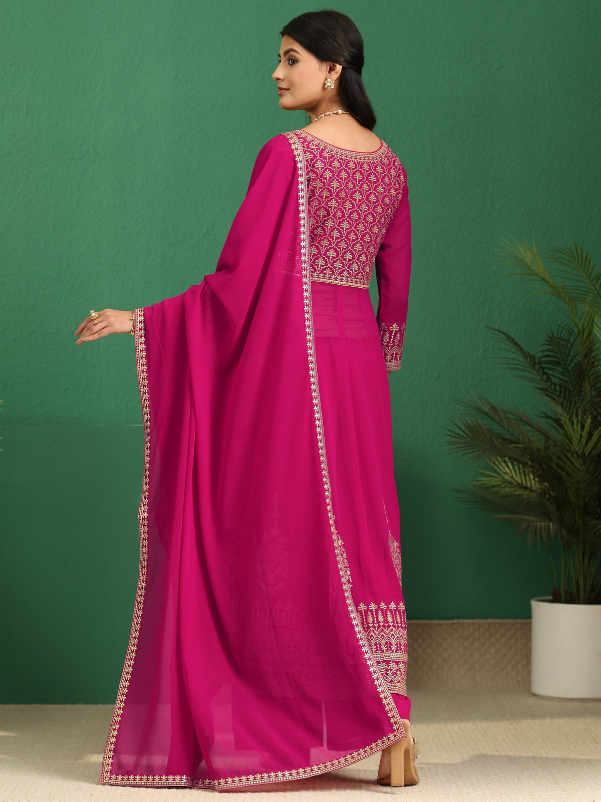 Anouk Art Rani Pink Floral Embroidered Georgette Anarkali Suit Set