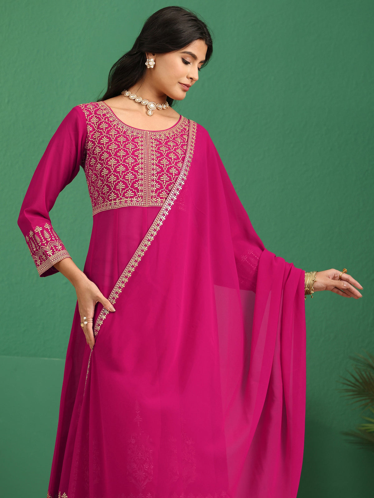 Anouk Art Rani Pink Floral Embroidered Georgette Anarkali Suit Set