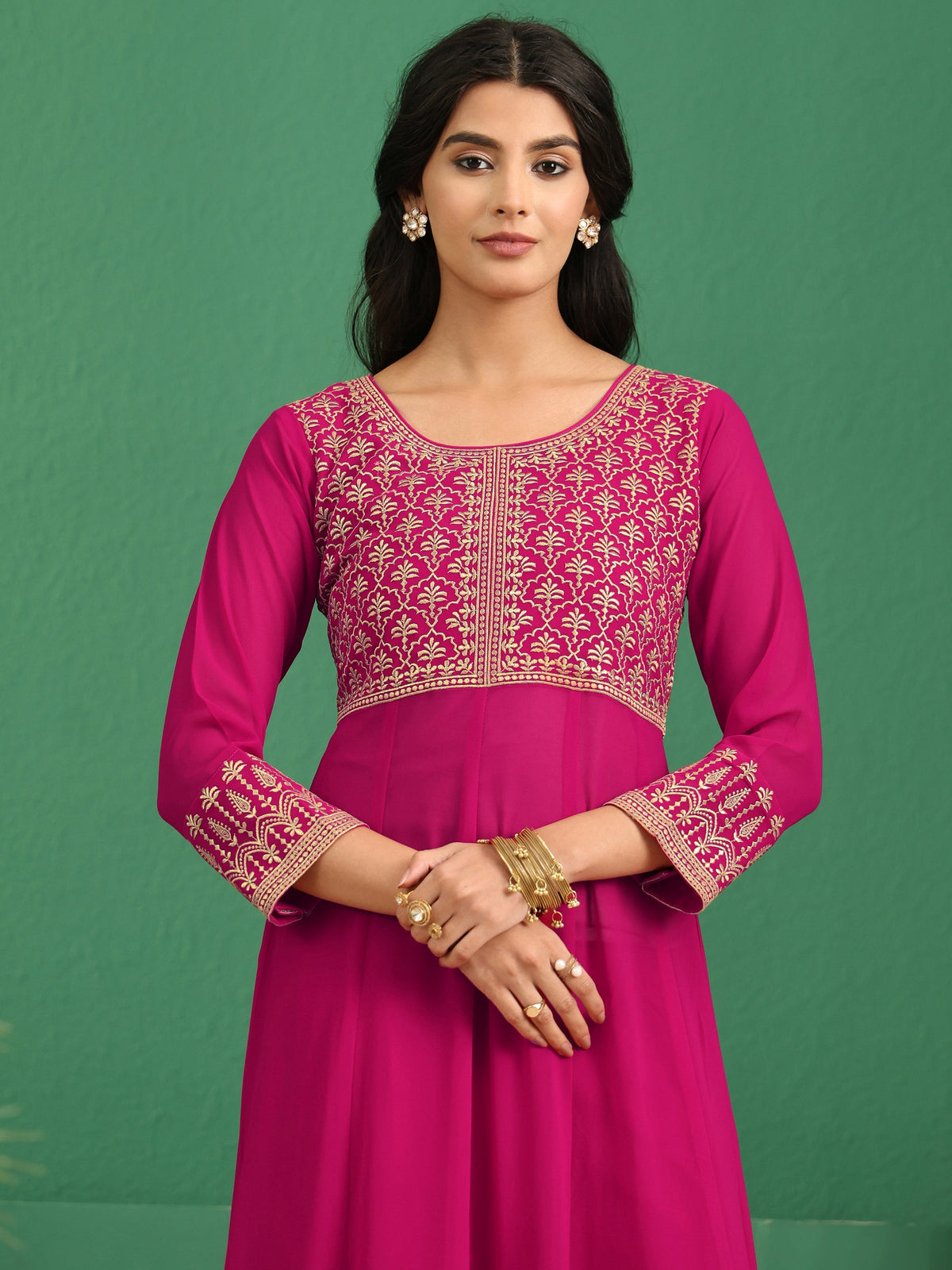Anouk Art Rani Pink Floral Embroidered Georgette Anarkali Suit Set